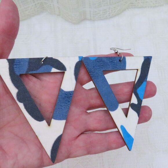 Inverted Triangle Blue Camo Dangle Earrings For Women 4 Inches - Picture 8 of 8